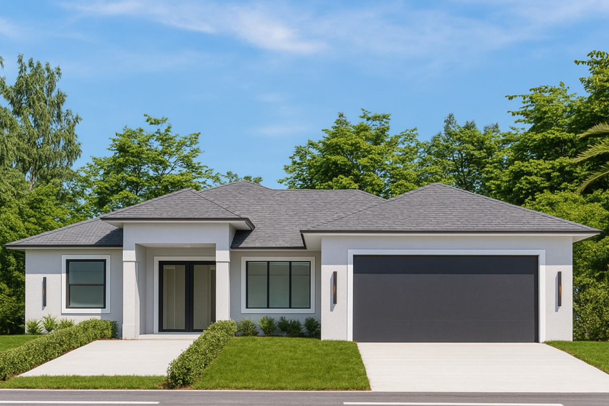 Front exterior elevation of the Xavi model home featuring a modern single-story layout, attached garage, paved driveway, and landscaped front yard in LaBelle, Florida by Paladium One.