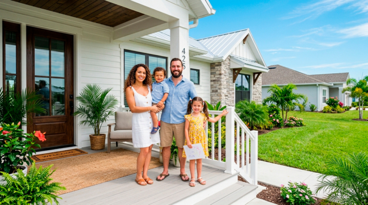 Happy family standing on the porch of a modern new construction home in LaBelle Florida