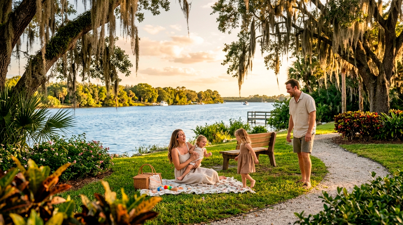 Family having a picnic by the lake in Hendry County Florida illustrating the peaceful lifestyle and living in Hendry County