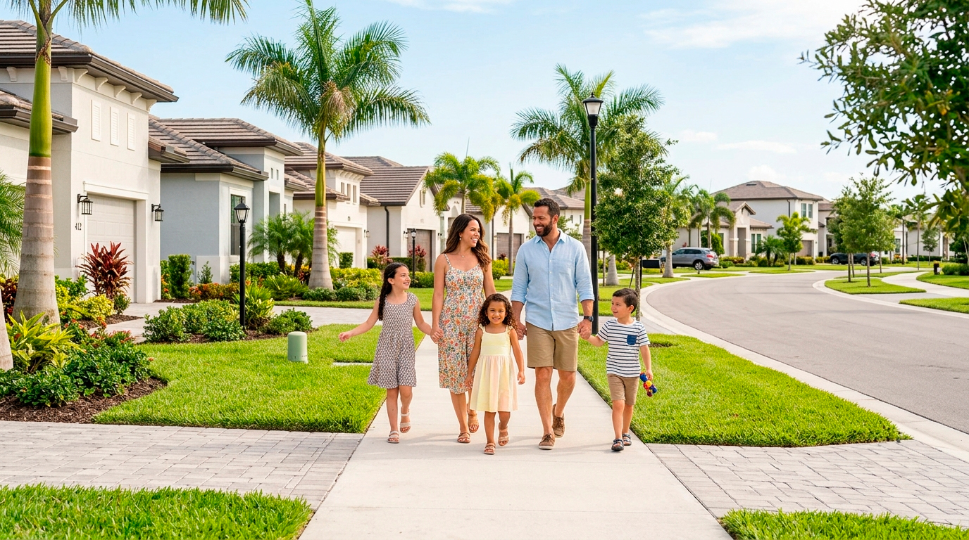 Happy family walking together on a sidewalk in a peaceful neighborhood showing why families are moving to LaBelle Florida