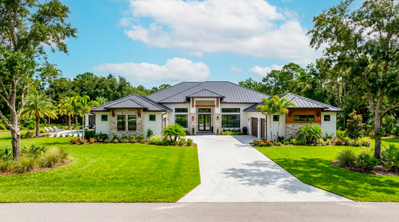 Luxurious new construction home exterior with modern design and landscaped yard showing homes for sale when living in Hendry County
