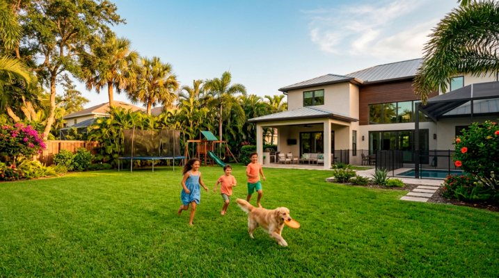 Children playing with a dog in a spacious backyard showing why families are moving to LaBelle Florida